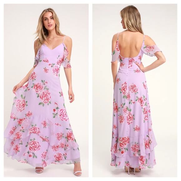 Lulus Take You There Purple Floral Print Off Shoulder Chiffon Maxi Dress Small - Picture 1 of 16